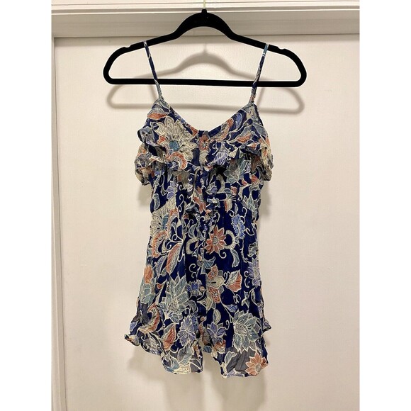 Anthropologie Maeve Mariposa Open-Shoulder Ruffled Top Size 0 Floral Boho Navy - Picture 4 of 12